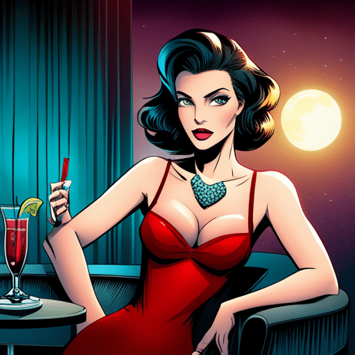 An image of a woman in a low-cut dress surrounded by empty cocktail glasses, with smudged lipstick and tousled hair, standing alone in a dimly lit nightclub