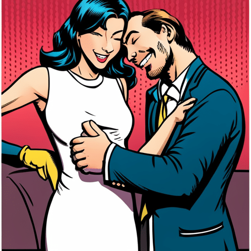 An image of a woman at a party laughing and touching a man's arm, with a suggestive smile and intense eye contact, showcasing a flirtatious communication style