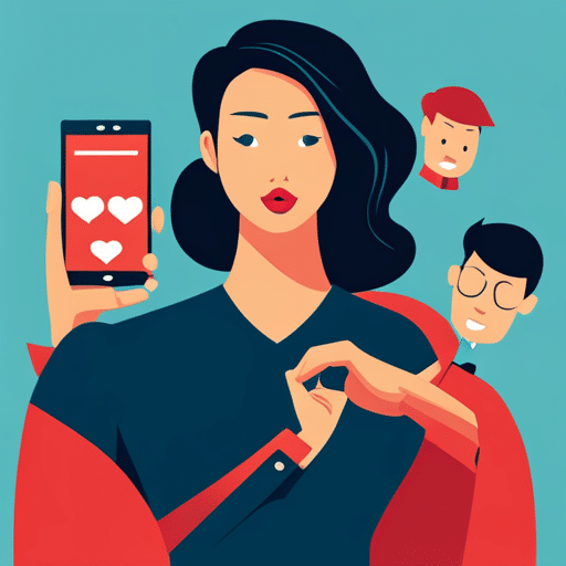An image of a woman holding a smartphone with multiple dating apps open, while her social media profile is filled with suggestive selfies and flirty comments from various men
