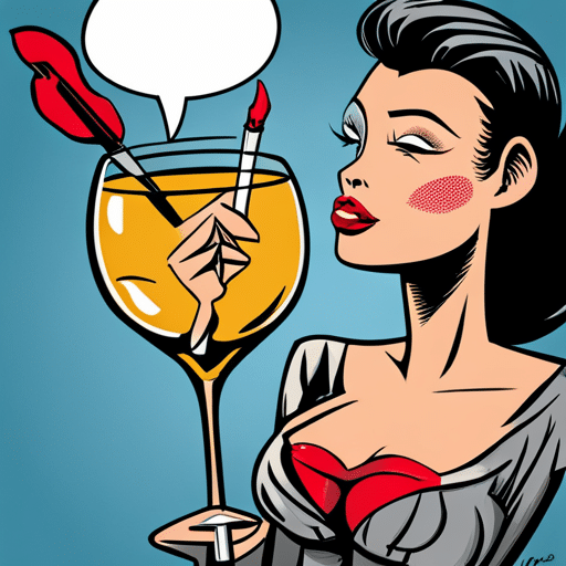 An image of a woman wearing revealing clothing, surrounded by empty wine glasses and scattered lipstick marks on cocktail napkins, with a seductive expression and body language