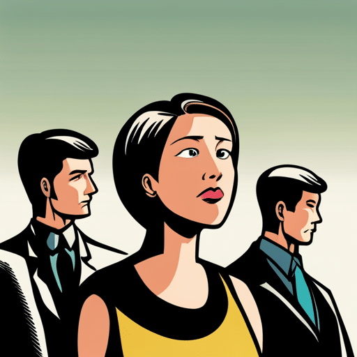 An image of a woman surrounded by multiple men, each with a blank expression as she looks away, indicating a lack of emotional connection