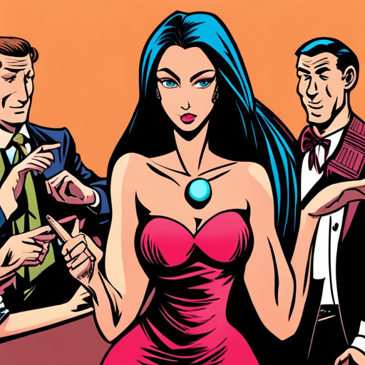 E of a woman wearing revealing clothing, surrounded by a group of friends giving her approving looks and gestures