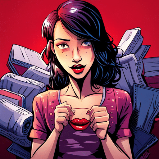 An image of a woman with multiple lipstick smudges on her face, disheveled hair, and a stack of used condoms beside her bed