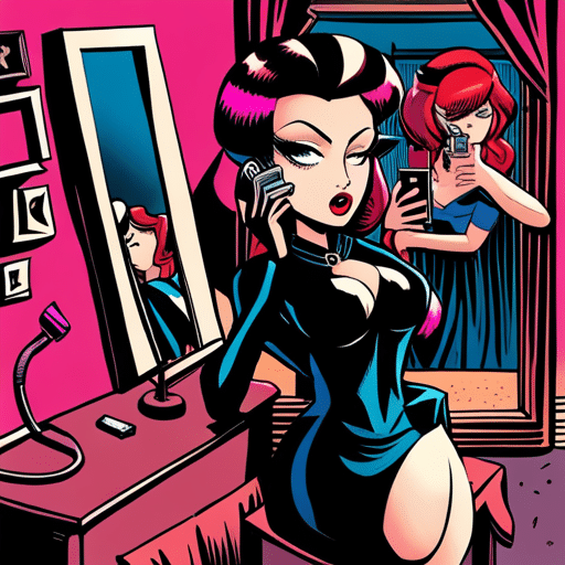 An image of a woman taking a selfie in revealing clothing, striking a seductive pose with heavy makeup, in a cluttered room with dim lighting and a mirror reflecting her phone screen
