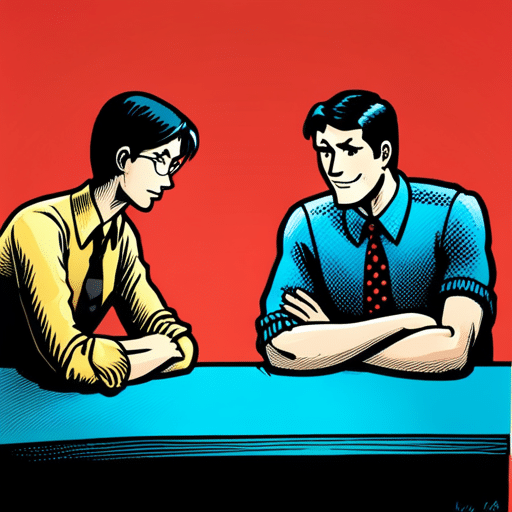 O coworkers sitting at a table, both leaning in with crossed arms and matching smiles