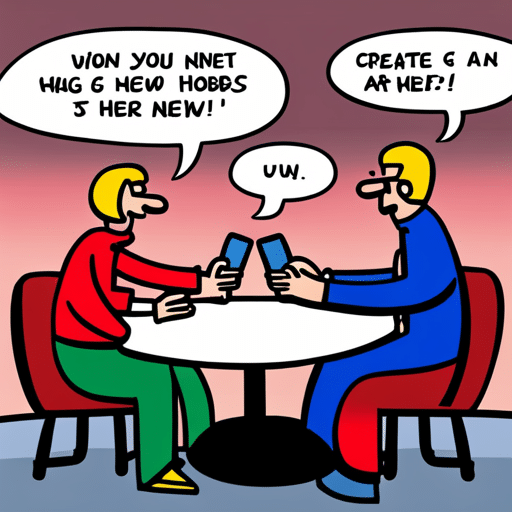 An image of two people sitting at a table with one person excitedly talking about a new hobby while the other looks disinterested, scrolling on their phone