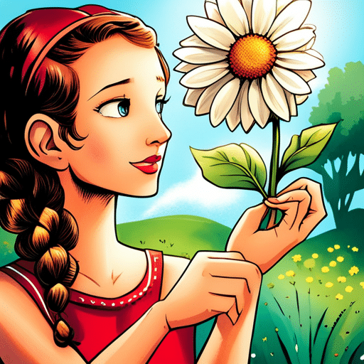 Ate a girl with curious eyes and a playful smile, holding a daisy in her hand as she asks a boy, "Who do you like?" Show the boy torn between honesty and playing it cool