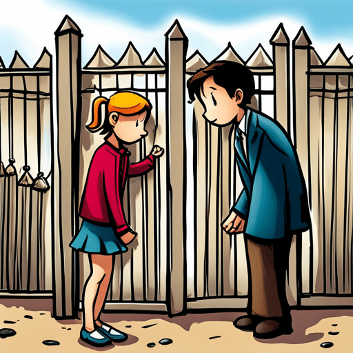 An image of a girl standing behind a fence, blocking eye contact with a boy on one side