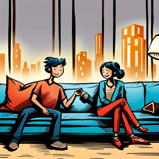An image of a girl sitting comfortably on a couch, casually burping while laughing with a guy next to her