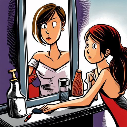 An image of a girl looking in the mirror with a pained expression, while her partner stands behind her, looking hurt and confused