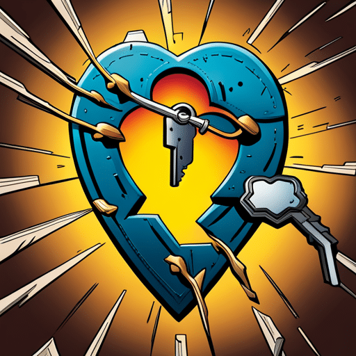 An image of a shattered heart-shaped lock with a key broken inside, surrounded by dark storm clouds and lightning
