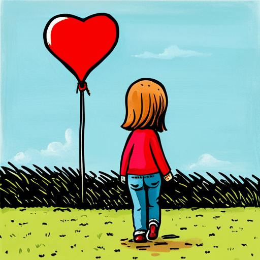 An image of a girl walking away from a heart-shaped balloon, her back turned to the viewer