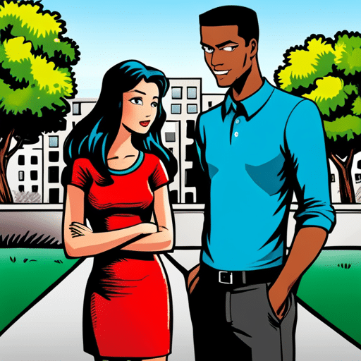 An image of a girl standing with a slight smile, subtly pointing at a guy's outfit with a nod of approval