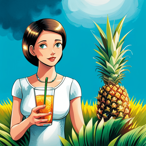 An image of a girl in a white dress, holding a glass of pineapple juice with slices of pineapple floating in it, surrounded by green leaves and a clear blue sky in the background