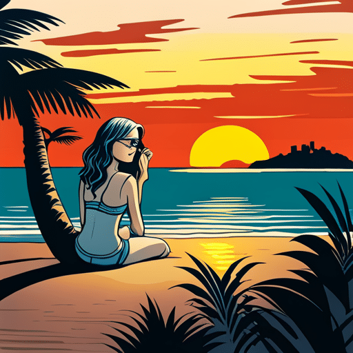 An image of a girl sitting on a beach, smiling, with a glass of pineapple juice in her hand