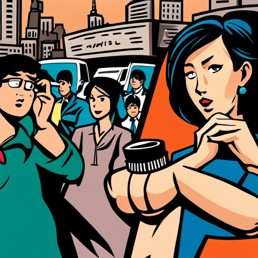 An image of a girl looking at her watch with a disappointed expression, while the background shows a busy street with people rushing by