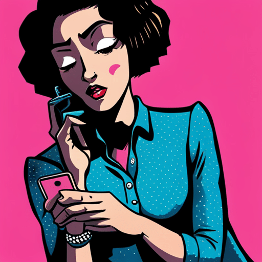 E an image of a girl with a pained expression, staring blankly at her phone, fingers hovering over the screen as if unsure of what to say next