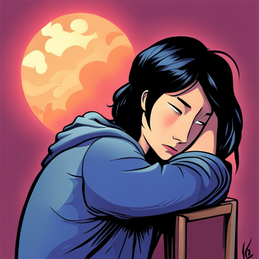 An image of a girl peacefully sleeping with her head resting on someone's shoulder, her expression serene and vulnerable