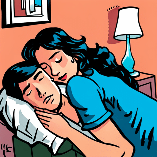 An image of a girl peacefully sleeping with her head resting on someone's shoulder, with a concerned look on the other person's face, in a cozy living room setting
