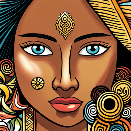 An image of a close-up shot of a girl with a nose ring, surrounded by traditional cultural symbols and patterns