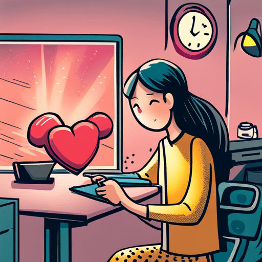 E of a smartphone screen showing a message thread with a heart emoji reaction from a girl, with a subtle smile on her face