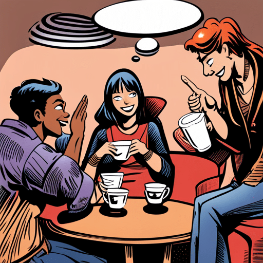 An image of a group of diverse friends laughing and chatting together at a cozy coffee shop, with one girl smiling and gesturing towards a guy sitting among them
