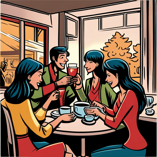 E of a group of diverse young women laughing and talking together in a cozy coffee shop, with one woman gesturing towards a young man sitting with them, looking included and happy