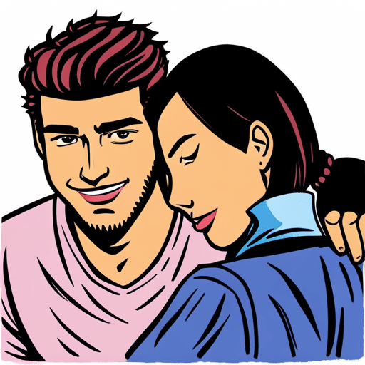 E an image of a girl leaning her head on a guy's shoulder, with a gentle smile and relaxed body language, showcasing trust and intimacy