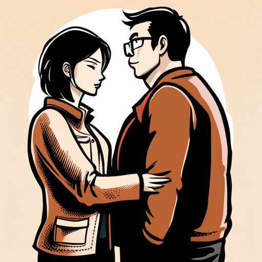 An image of two people standing close together, eyes locked, with a subtle smile on their faces