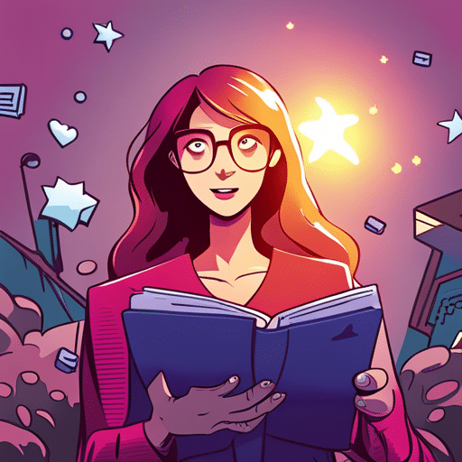 An image of a girl smiling while reading a message on her phone, with colorful emojis and exclamation points