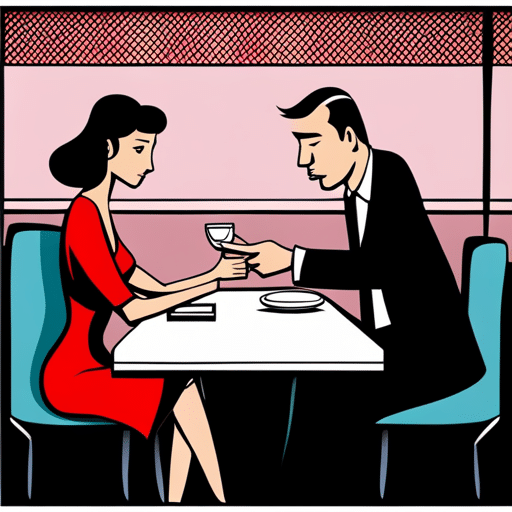 An image of a young woman sitting at a restaurant table, looking expectantly at her date as he pulls out his wallet to pay the bill