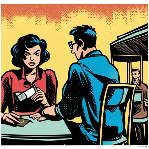 An image of two people sitting at a cafe, one looking expectantly at the other while the other looks away