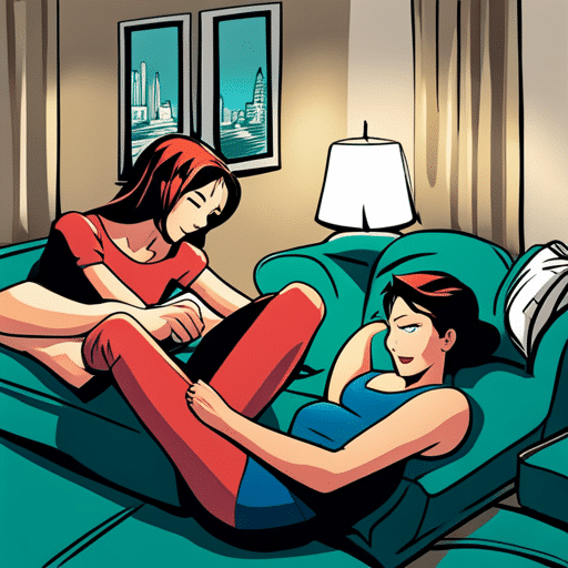 An image of a girl playfully wrestling with a guy, both smiling and laughing, in a cozy living room setting with soft lighting and comfortable furniture