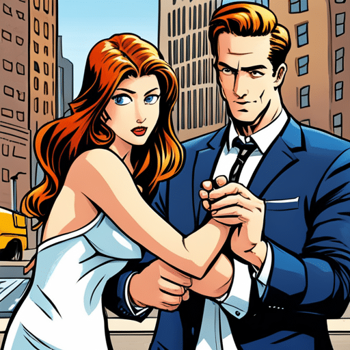 An image of a woman down on one knee holding out a ring to a man, with a backdrop of a bustling city street