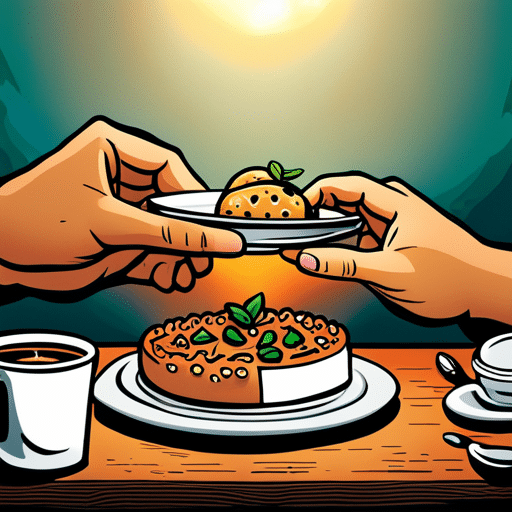 An image of two hands reaching for a plate of food, with one hand offering a piece to the other