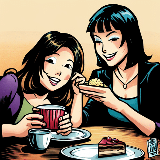 An image of a girl smiling as she offers a piece of her favorite dessert to a person, their hands meeting as they share the treat, showcasing a moment of intimacy and affection