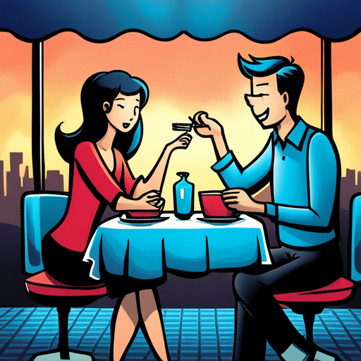 An image of a girl sitting across from a guy, smiling, as she offers him a forkful of her food