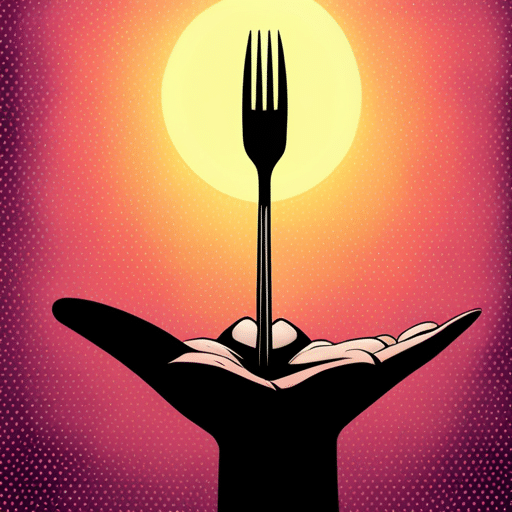 -up shot of a girl's hand holding a fork with a piece of food on it, reaching out towards the viewer with a warm, inviting expression on her face