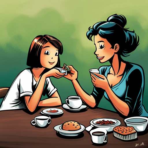 An image of a girl sitting across from a person, smiling as she passes a piece of food to them