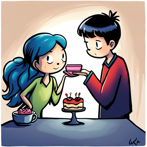 An image of a girl offering a bite of her dessert to a boy, with a hopeful expression on her face and him looking unsure