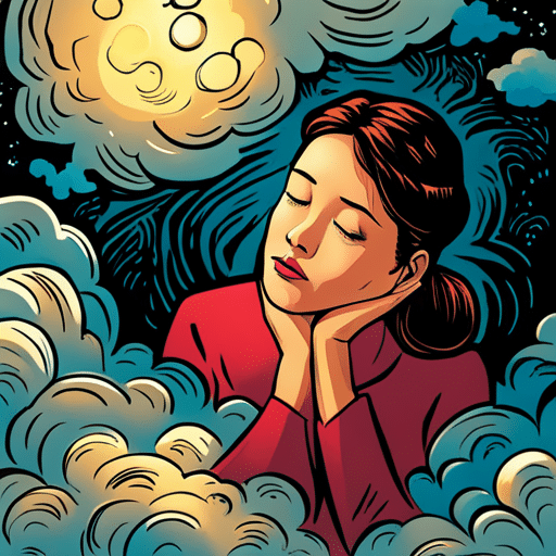 An image of a girl in bed, peacefully closing her eyes with a slight smile, while a thought bubble above her head shows a complex web of thoughts and emotions related to saying goodnight