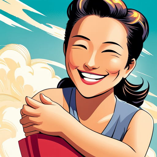 An image of a girl with a big smile, playfully tickling a person's ribs, her eyes sparkling with mischief