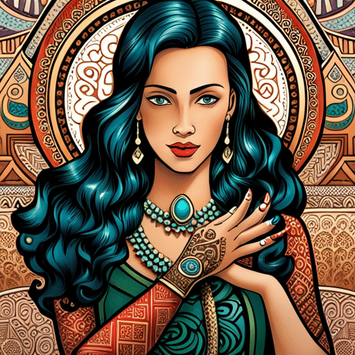 An image of a girl's hand with a ring on her thumb, against a backdrop of diverse cultural symbols such as henna designs, Celtic knots, and Maori patterns