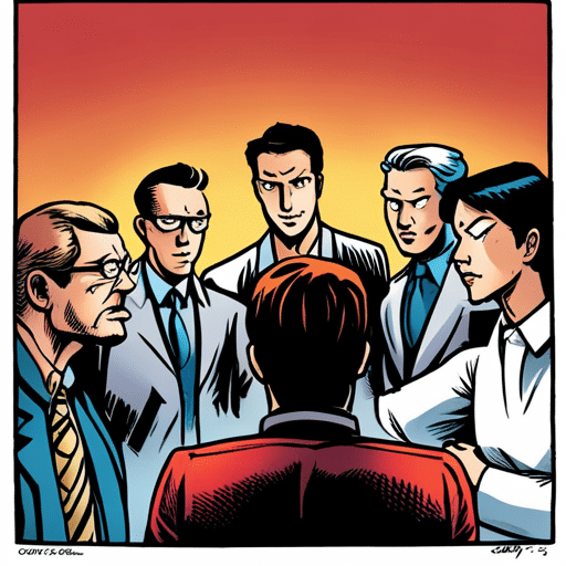 An image of a man looking anxious while glancing at a group of men talking to a woman