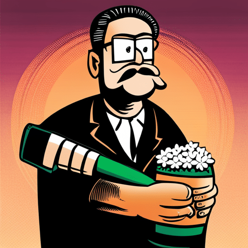 An image of a man holding both a bouquet of flowers and a six-pack of beer, with a confused expression on his face