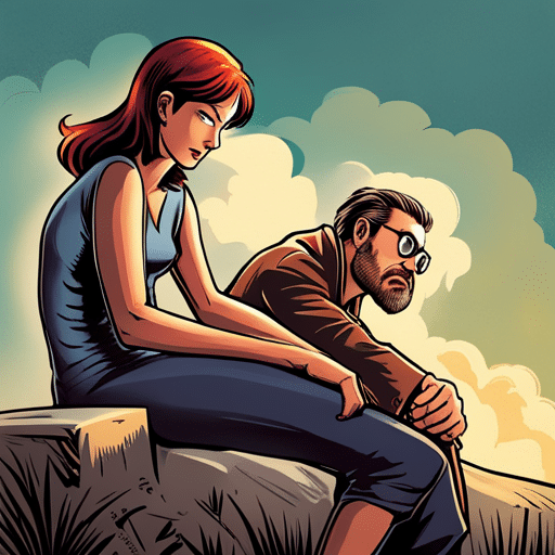 An image of a man sitting close to a woman, his chest rising and falling rapidly as he gazes at her with intense eyes