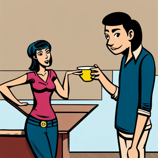 An image of a young woman with a confident expression, wearing trendy clothes and holding a cup of coffee, while a man nearby playfully calls her "mama