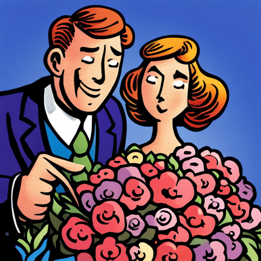  image of a man winking and playfully calling a woman "mama" while holding a bouquet of flowers, with a mischievous smile on his face