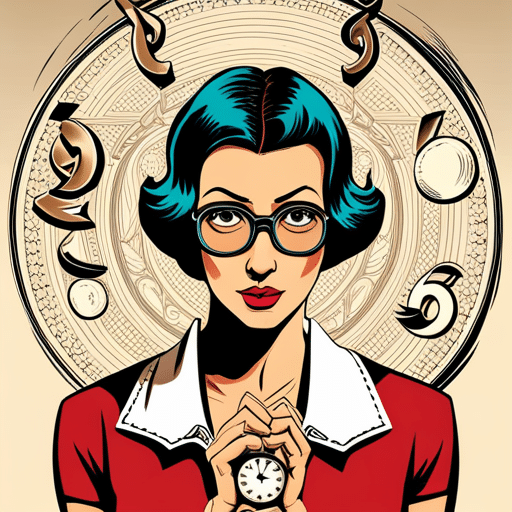 An image of a young woman with a thoughtful expression, surrounded by symbols of wisdom and maturity like a vintage book, a pocket watch, and a pair of glasses