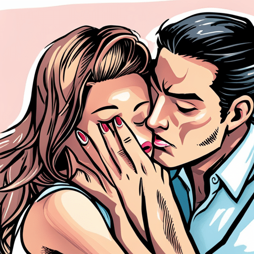 An image of a man with closed eyes, his hand gently caressing a woman's face while they share a passionate kiss